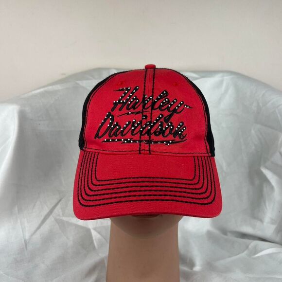 Black and Red Harley Davidson Trucker Hat with Rhinestone Logo - Picture 1 of 6